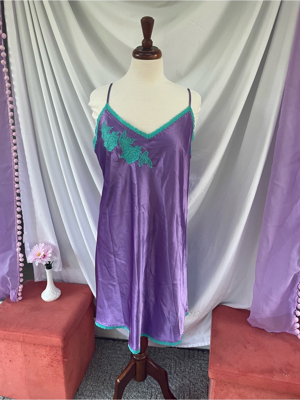 Purple Satin Slip Nightgown with Teal Lace Trim